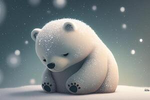 linda polar oso bebé dibujos animados de ensueño en nieve, invierno, generativo ai. animal y paisaje concepto. foto