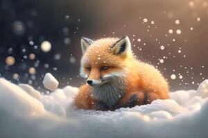 Cute red fox baby cartoon dreamlike in snow, winter, . Animal and landscape concept. photo