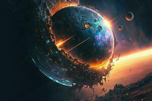 Cyberpunk planet, solar system-punk, the entire universe is collapsing in on itself. Human in the ruined city, destroyed earth, digital painting. Concept apocalypse. Black hole in space photo
