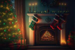 Beautiful holiday decorated room with Christmas tree, fireplace and with presents. Cozy winter scene. Warm color decor interior. Fireplace with christmas stockings, photo