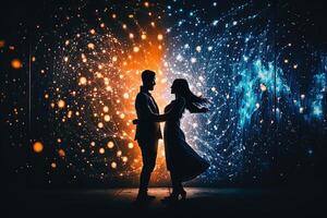 silueta Pareja bailes en frente de un pared de luces, ejemplificando el energía y pasión en su relación, generativo ai, enamorado concepto. foto