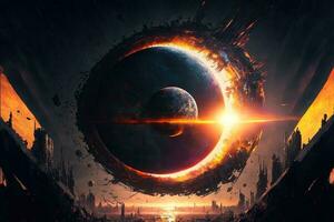Cyberpunk planet, solar system-punk, the entire universe is collapsing in on itself. Human in the ruined city, destroyed earth, digital painting. Concept apocalypse. Black hole in space photo