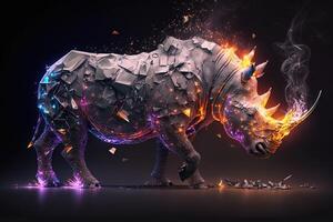 fusion of metal Rhino exploding through fire surrounded by scattered glass shards and debris, cosmic energy photo