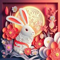 Paper cut quilling multidimensional chinese style cute zodiac rabbit with lanterns, blossom peach flower in background, chinese new year. Lunar new year 2023 concept photo