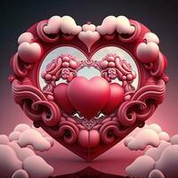 Perfect decorations for valentines day, symmetrical, hearts and clouds, red, pink, 3d, proffesional studio, super-resolution. Valentine day concept greeting card photo