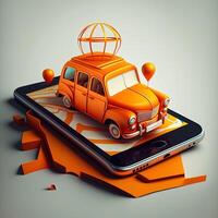 en línea móvil solicitud Taxi ordenando Servicio , naranja Taxi coche conducción a lo largo el ruta a el marcador en un inteligente teléfono, en un ciudad mapa. coche y satélite navegación sistemas concepto. generativo ai foto