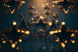 Shower of a million sparkling star shaped mirrors from the heavens. Bright creative abstract decoration element for celebration. Gold and silver glitter star with golden frame on dark background. photo
