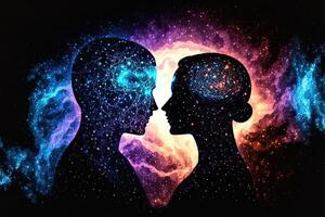 Man and woman silhouettes at abstract cosmic background. Human souls couple in love. Astral body, esoteric and spiritual life concept photo