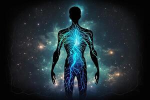 astral cuerpo silueta con resumen espacio antecedentes. esotérico, espiritual vida y meditación concepto. vida futura y conexión con otro mundos creado con generativo ai foto