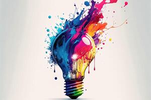 illustration of colorful bulb with splash of colors on white background. Creativity, eureka, imagination, inspiration. . Idea and solution concept photo