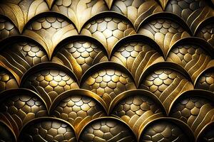 Dragon scales background - gold shining shells . Simple background made of dragon scale armor illustration . photo