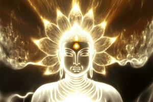 Beautiful light spectrum Buddha's light flashing, Bright red, yellow lotus flower, burning cloud-like petals, surrounded by magic chaos light, white smoke, falling reflected light, water pattern. photo