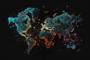 global mapa de el mundo, el tierra comunicación tecnologías con Internet efecto. futurista moderno generativo ai foto