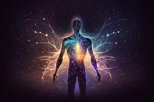 astral cuerpo silueta con resumen espacio antecedentes. esotérico, espiritual vida y meditación concepto. vida futura y conexión con otro mundos creado con generativo ai foto