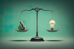 Scales with light bulb on one side and money on the other, concept of ideas and innovation, green background. Digital illustration. photo