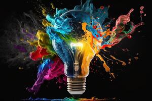 illustration of colorful bulb with splash of colors on black background. Creativity, eureka, imagination, inspiration. . Idea and solution concept photo