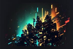 Abstract background with interlaced digital glitch and distortion effect. Futuristic cyberpunk design. Retro futurism, web punk, rave 80s 90s cyberpunk aesthetic techno neon colors. photo