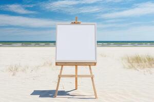 White blank artist frame on a small wooden easel on summer sea beach background with copy space. Advertising mockup artboard for pictures or artwork. Painting frame template banner. photo