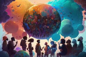 a multiverse of speech, a fantasy world where everyone can talk, with a lot of poetry, colorful, diverse avatars interacting with each other. photo