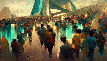 Crowded with many pedestrians, highly angled, highly geometric futuristic architecture. Futuristic eco cityscape creative concept illustration photo