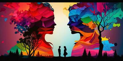 Generation AI abstract colorful vibrant colors male and female look together with landscape background. Concept of love photo