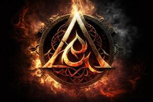 arcane symbol with effect of fire and ice. Magic symbol, Asgard symbol. Runes and triangle symbol with gold and metal color. photo