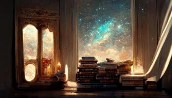 A full size bookshelf beside a window of a rococo style spaceship, milkyway outside the window, classic indoor ambient light, Interior of Magic Library, ornamental glass window. photo