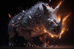 fusion of metal Rhino exploding through fire surrounded by scattered glass shards and debris, cosmic energy photo