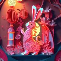Paper cut quilling multidimensional chinese style cute zodiac rabbit with lanterns, blossom peach flower in background, chinese new year. Lunar new year 2023 concept photo