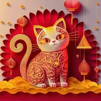 Paper cut quilling multidimensional chinese style cute zodiac cat with lanterns, blossom peach flower in background, chinese new year. Lunar new year 2023 concept photo