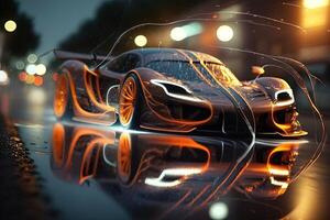 hyper car neon background . Streamline test over the modern car design, diffuse plastic optic, some glowing contours illuminate the car details, dark scene, cinematic lightning photo