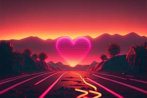 valentine day with retro style hearts, love concept, retro wave sunset, in style of synthwave artwork, cinematic color grading, cinematic light, depth of field. photo