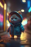 toy cute cat in clothes jacket and sneakers on street background with neon lighting, photo