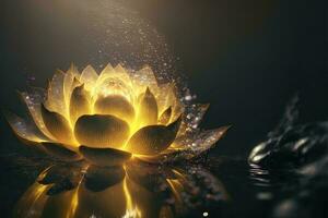 Bright red, yellow lotus flower, burning cloud-like petals, surrounded by magic chaos light, white smoke, falling reflected light, Lotus light with pearls floating on a sparkly background. photo