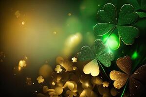 Festive background with shining clover shamrocks and golden bokeh. St. Patrick's Day backdrop. illustration photo