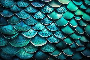 Dragon scales background - turquoise shining shells . Simple background made of dragon scale armor illustration . photo