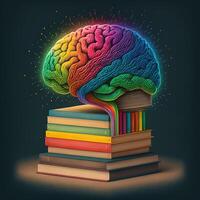 This whimsical image shows a brain with a library inside, its neurons and synapses lit up in a rainbow of joyful colors. A stack of books on a shelf indicates knowledge and learning, photo