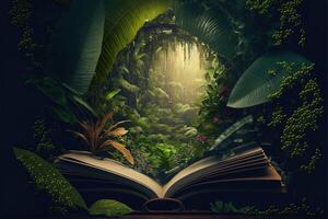 A tropical rainforest jungle with parrot, bird, monkey, wolf appearing opening a book. Jungle book for kid. fantastic jungle landscape. photo