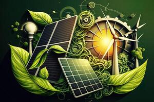 renovable energía antecedentes con verde energía como viento turbinas y solar paneles verde energía concepto energía fuentes sostenible ecología elementos generativo ai foto