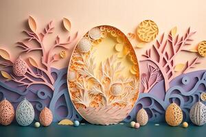 paper cut quilling multi dimensional easter egg in easter celebration, a lot of egg and small rabbit in background. Spring concept. photo