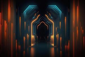 Abstract neon lights into digital technology tunnel. Futuristic technology abstract background with lines for network, big data, data center, server, internet, speed. technology photo