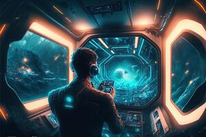 Futuristic navigation system, AR space, floating in the space, flat design, information graphic. Sci-fi space exploration concept. Inside view of the sci-fi cabin of the pilot . photo