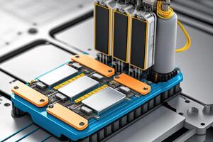 Interior of industry factory, Robot assembly line with electric car battery cells module on platform. photo