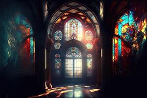 Palace interior with high stained-glass windows made of multicolored glass, an old majestic hall, sun rays through the windows. Dark fantasy interior. photo