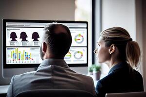 businessman and woman sitting in front of a computer screen, staring intently at their website's analytic dashboard, Show the website as a vibrant, media platforms, advertising channels. photo