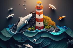 a top view paper art of Lighthouses and whales on the sea, sunny. Perfect for your project, texture, blog,gift paper, wrapping and environment. photo