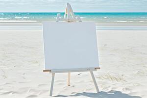 White blank artist frame on a small wooden easel on summer sea beach background with copy space. Advertising mockup artboard for pictures or artwork. Painting frame template banner. photo