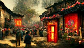 Ancient Chinese village, Chinese New Year, peach flower blossom, multi firework in the sky, bustling market, withered trees. Happy new year concept. Generate AI photo