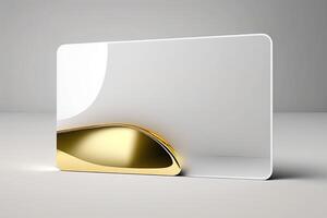 a white card for mockup, horizontal rectangular with rounded corner shapes, front view, stunning light, studio light, reflexion of hundred fine lines of gold reflection, white background photo