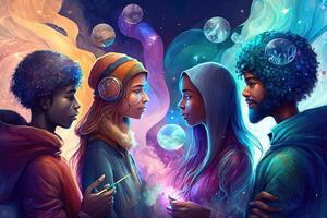 a multiverse of speech, a fantasy world where everyone can talk, with a lot of poetry, colorful, diverse avatars interacting with each other. photo